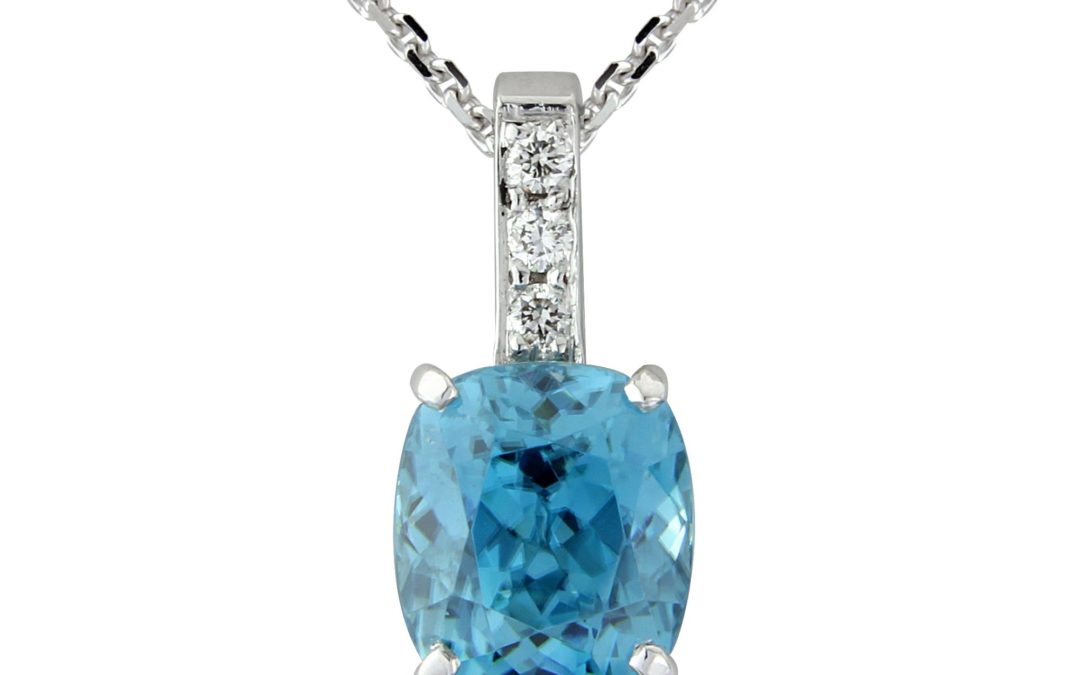 18ct white gold blue zircon and diamond pendant