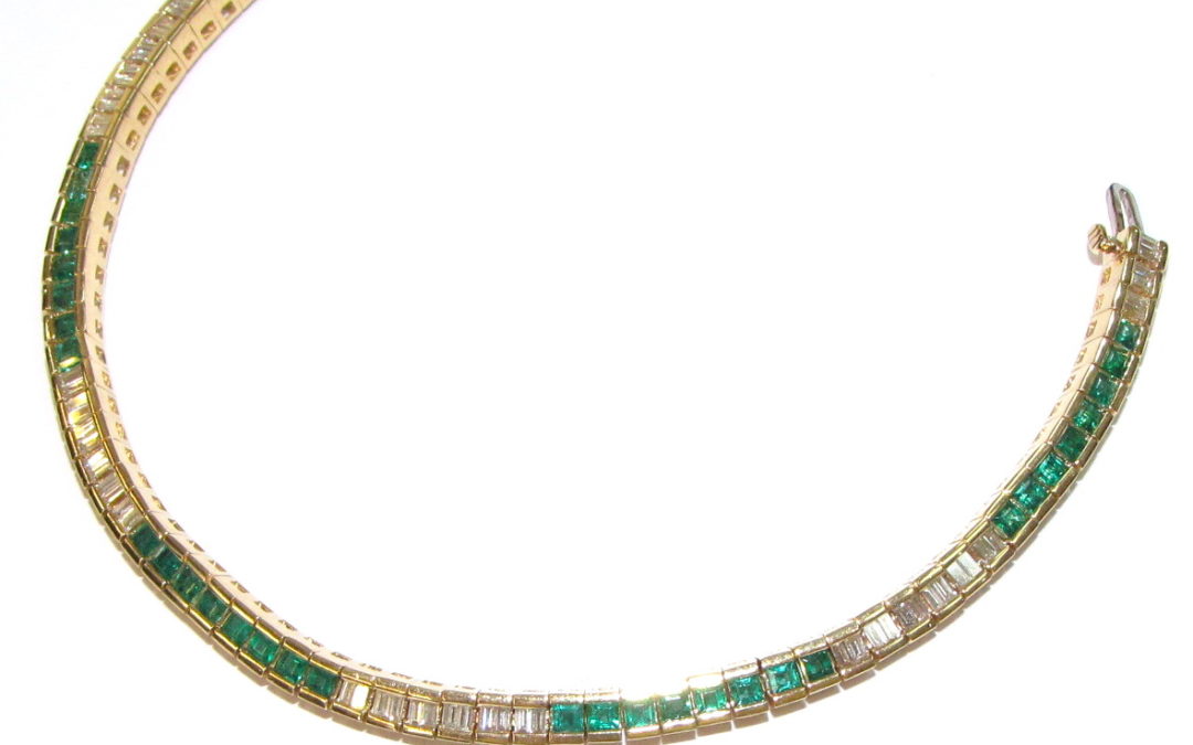 14ct yellow gold emerald and diamond tennis bracelet