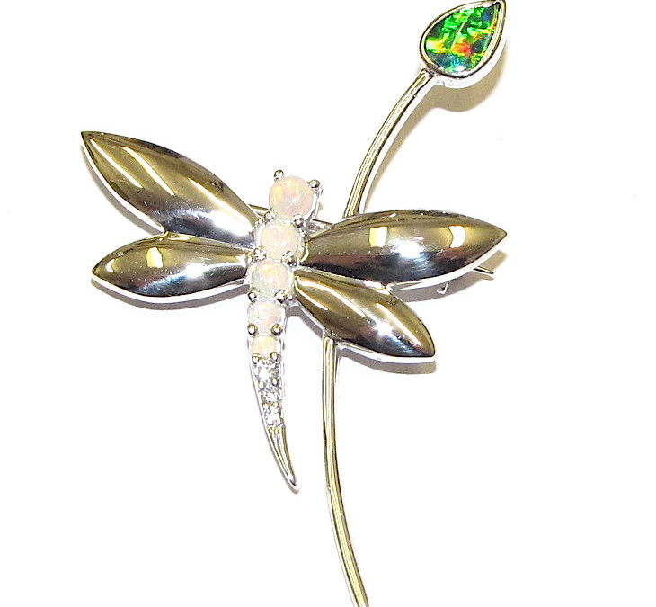 Opal dragonfly brooch